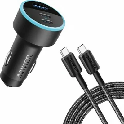 شاحن سيارة Anker 335 بقوة 67W باللون الأسود، موديل B2736H11، مع كابل USB-C إلى USB-C مرفق.