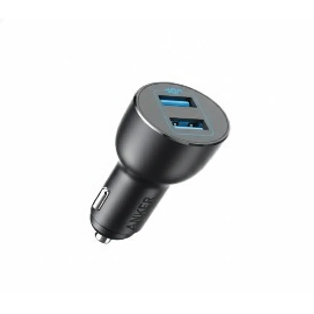 شاحن سيارة Anker PowerDrive III Alloy بقوة 36W باللون الأسود، موديل A2729H11، مع منفذي USB-A.
