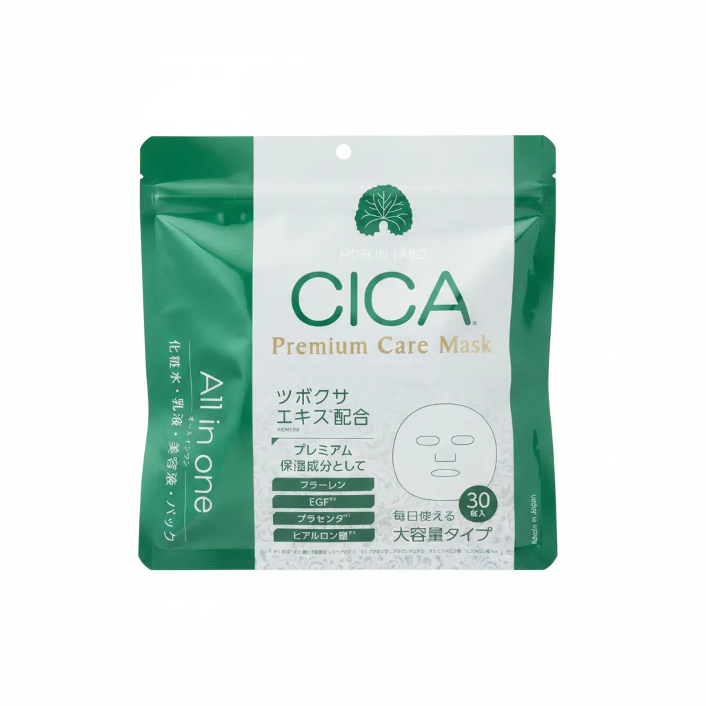علبة بيضاء وخضراء لقناع S-Labo CICA Premium Care Mask All-in-One، تظهر كومة من الأقنعة الورقية.