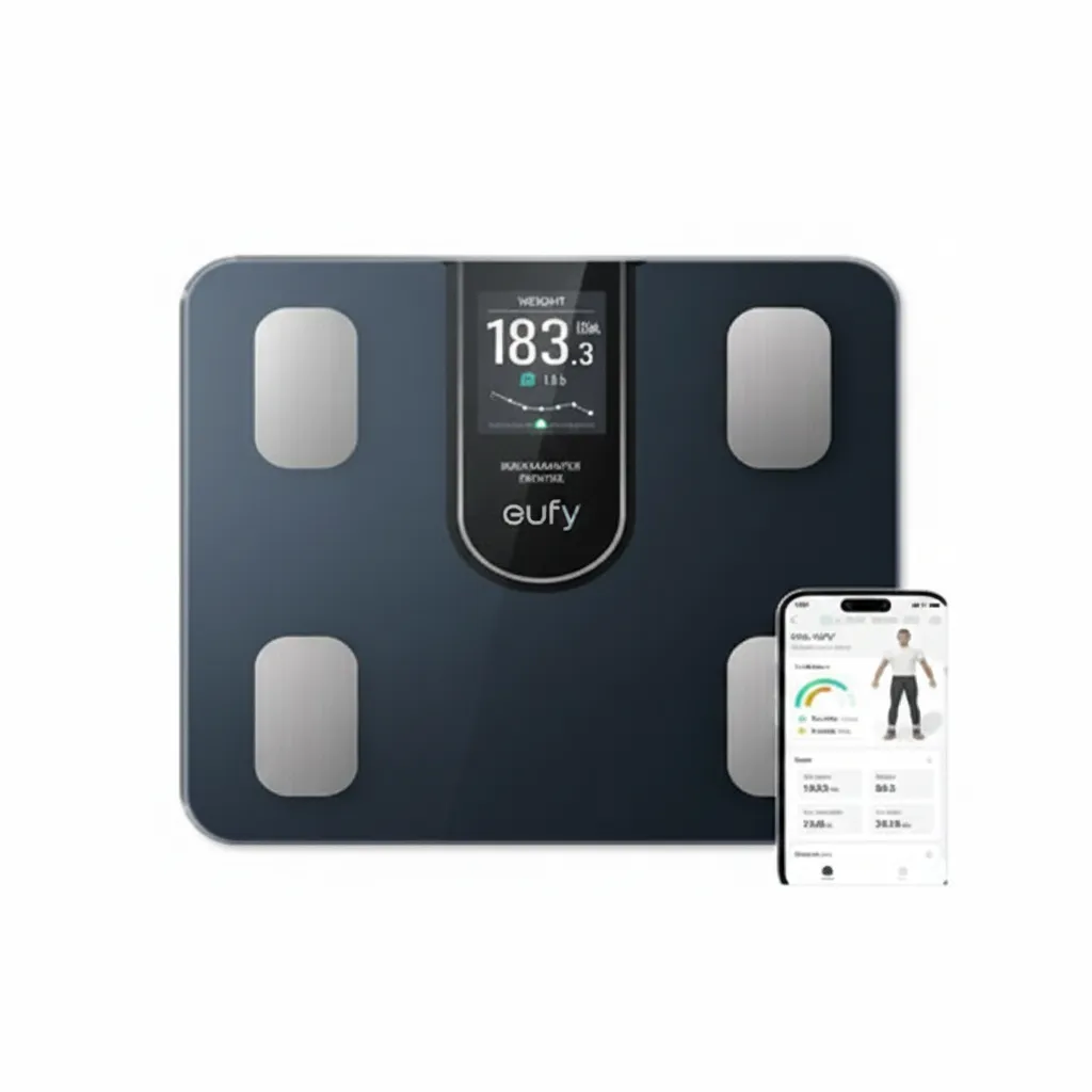ميزان Anker Eufy الذكي A1 (T9120K11) باللون الأسود، يظهر سطحًا زجاجيًا أنيقًا لتتبع 12 مؤشرًا للجسم.