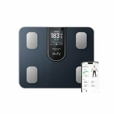 ميزان Anker Eufy الذكي A1 (T9120K11) باللون الأسود، يظهر سطحًا زجاجيًا أنيقًا لتتبع 12 مؤشرًا للجسم.