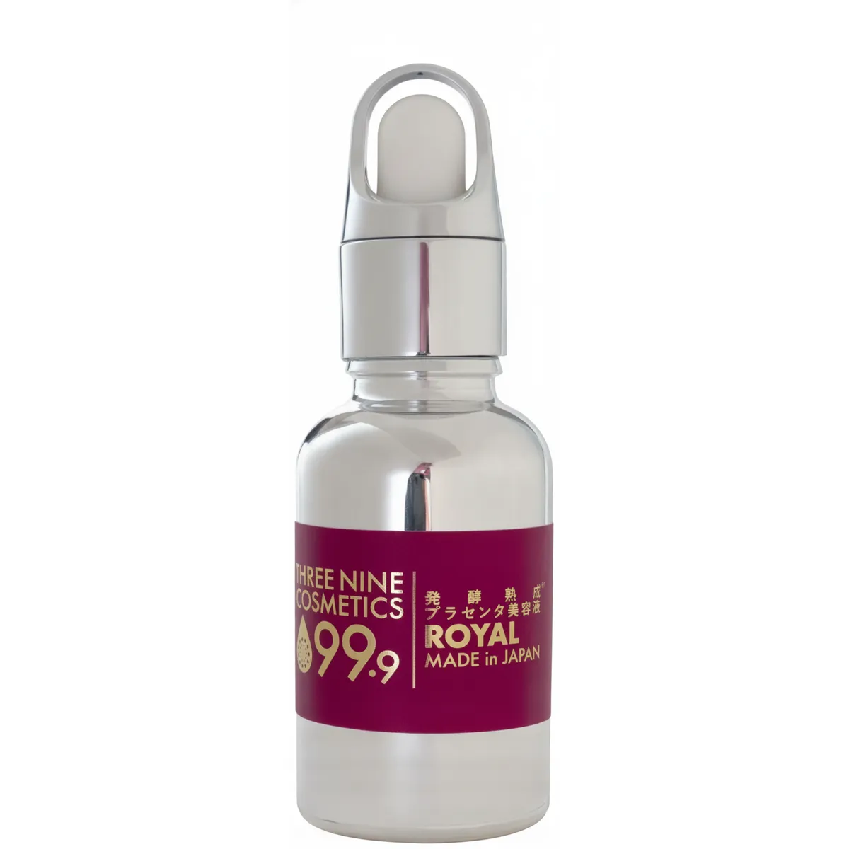 زجاجة قطارة زجاجية بحجم 30 mL من إيسنس Three Nine ROYAL غذاء ملكات النحل على خلفية بسيطة.