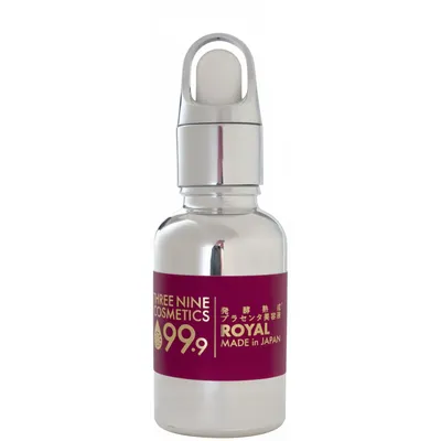 زجاجة قطارة زجاجية بحجم 30 mL من إيسنس Three Nine ROYAL غذاء ملكات النحل على خلفية بسيطة.