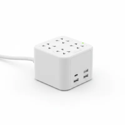 محول تمديد طاقة Moxedo Multi-Plug+ مع 1 منفذ USB-C، 2 منفذ USB-A، و 3 منافذ AC.