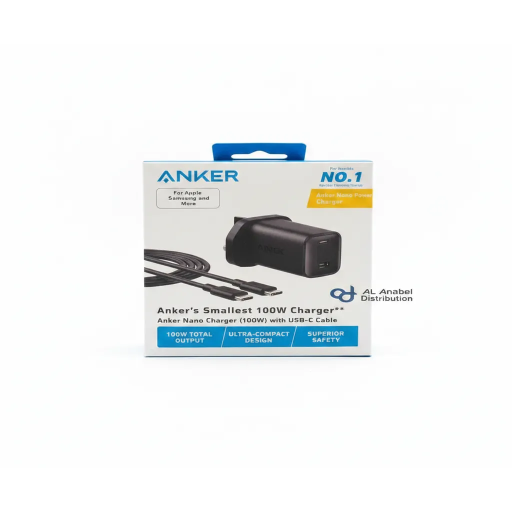 شاحن Anker نانو 100W موديل B2679K11 باللون الأسود، مع كابل USB-C مرفق.