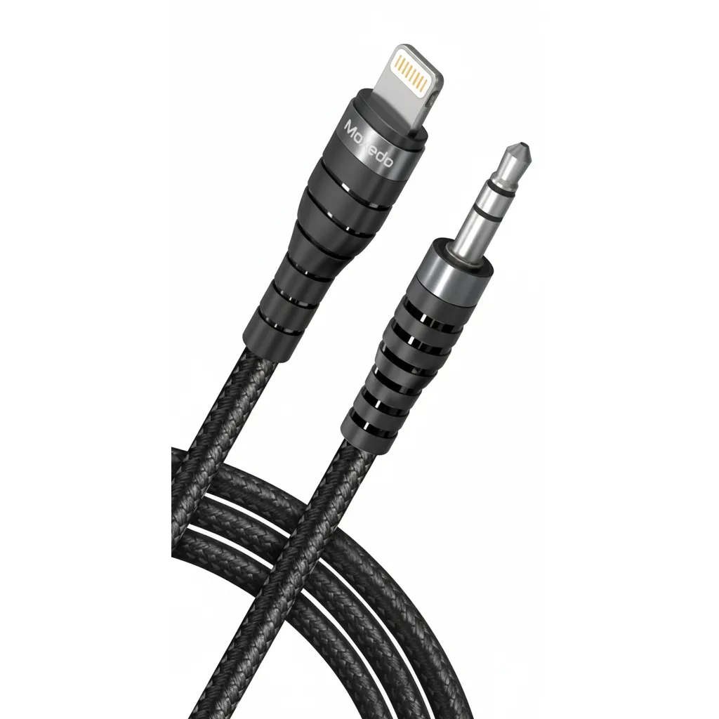 كابل صوت Moxedo لايتننج to 3.5mm AUX مجدول، بطول 1.2m، باللون الأسود، موديل MX-AUX035-L.