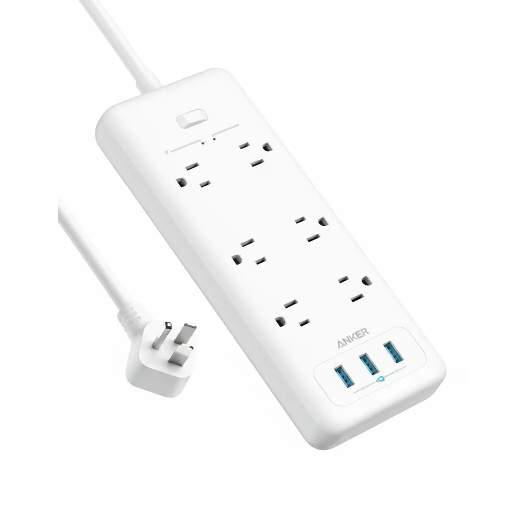وصلة Anker 342 USB باور Strip (A9182K21) باللون الأبيض، مع منافذ AC متعددة ومنافذ USB.