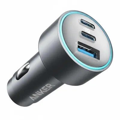 شاحن سيارة Anker 535 PowerDrive بقوة 67W باللون الرمادي، موديل A2731HA1، لشحن سريع في السيارة.