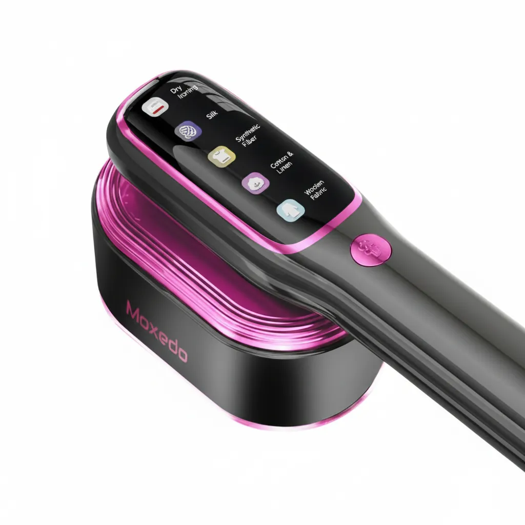 مكواة بخار مسطحة ديناميكية Moxedo Heatrix طراز MX-DFI012 باللون الأسود، لإزالة التجاعيد بفعالية.