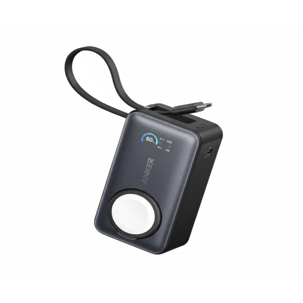 بنك طاقة Anker ماغو بسعة 10,000 mAh، بقوة 35W، مع شاحن Apple Watch، باللون الأسود.