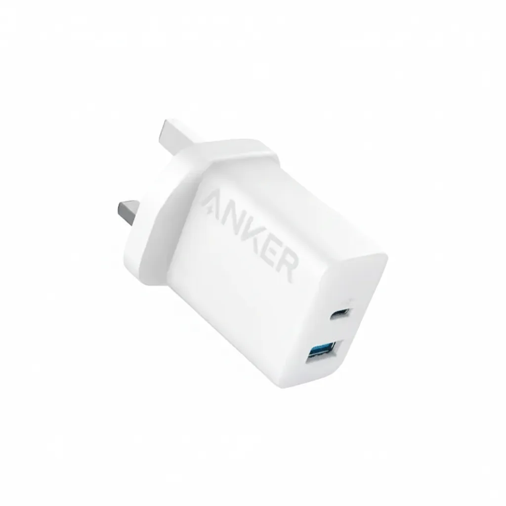 شاحن Anker سيليكت 20W بمنفذي USB-C و USB-A باللون الأبيض، موديل A2348K21، لشحن جهازين.