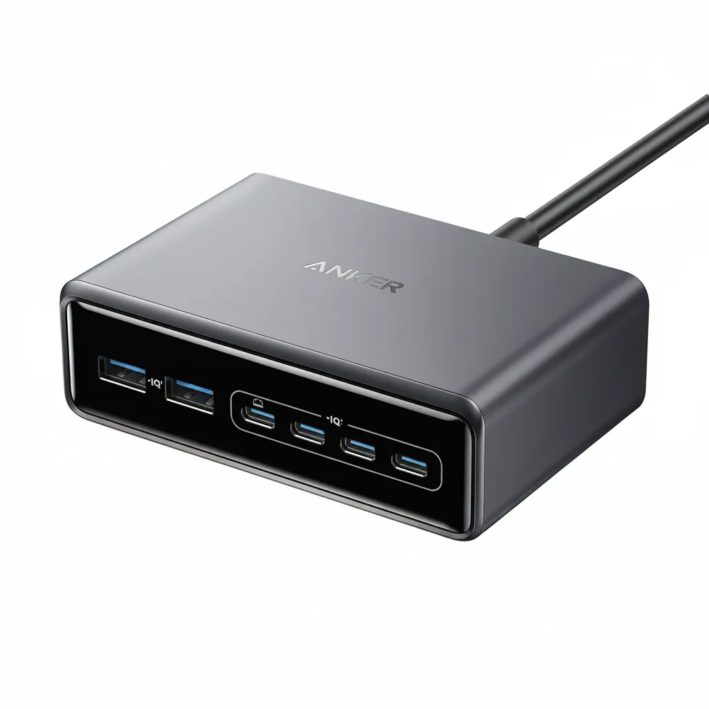 شاحن Anker Prime (A2683V41) باللون الفضي، 200W مع 6 منافذ وتقنية جان.