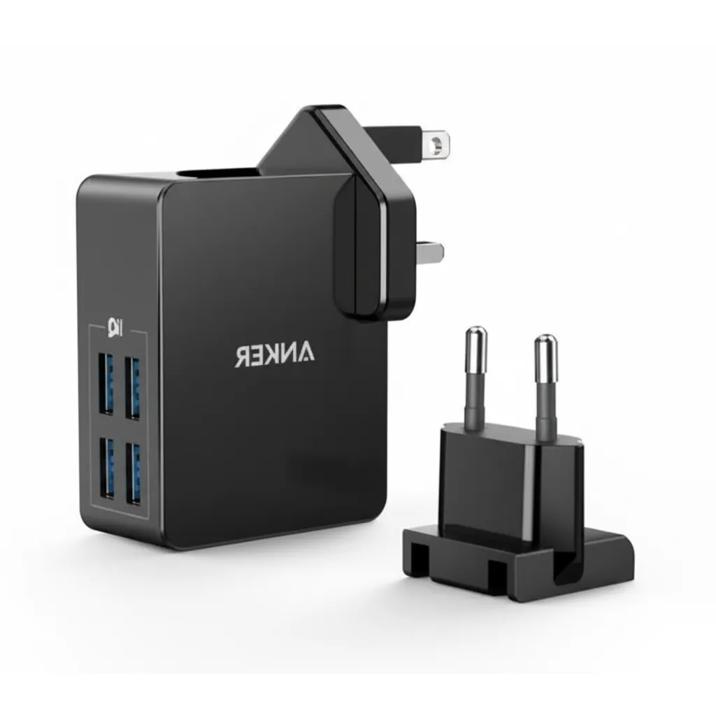 محول شحن حائط Anker PowerPort 4 لايت بأربعة منافذ موديل A2042L11 باللون الأسود.