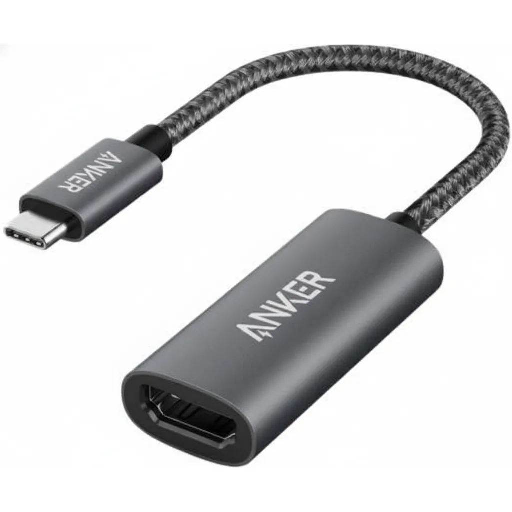 كيبل Anker USB-C to HDMI موديل A8312HA1 باللون الرمادي، يربط حاسوبًا محمولًا بشاشة لعرض فيديو واضح.