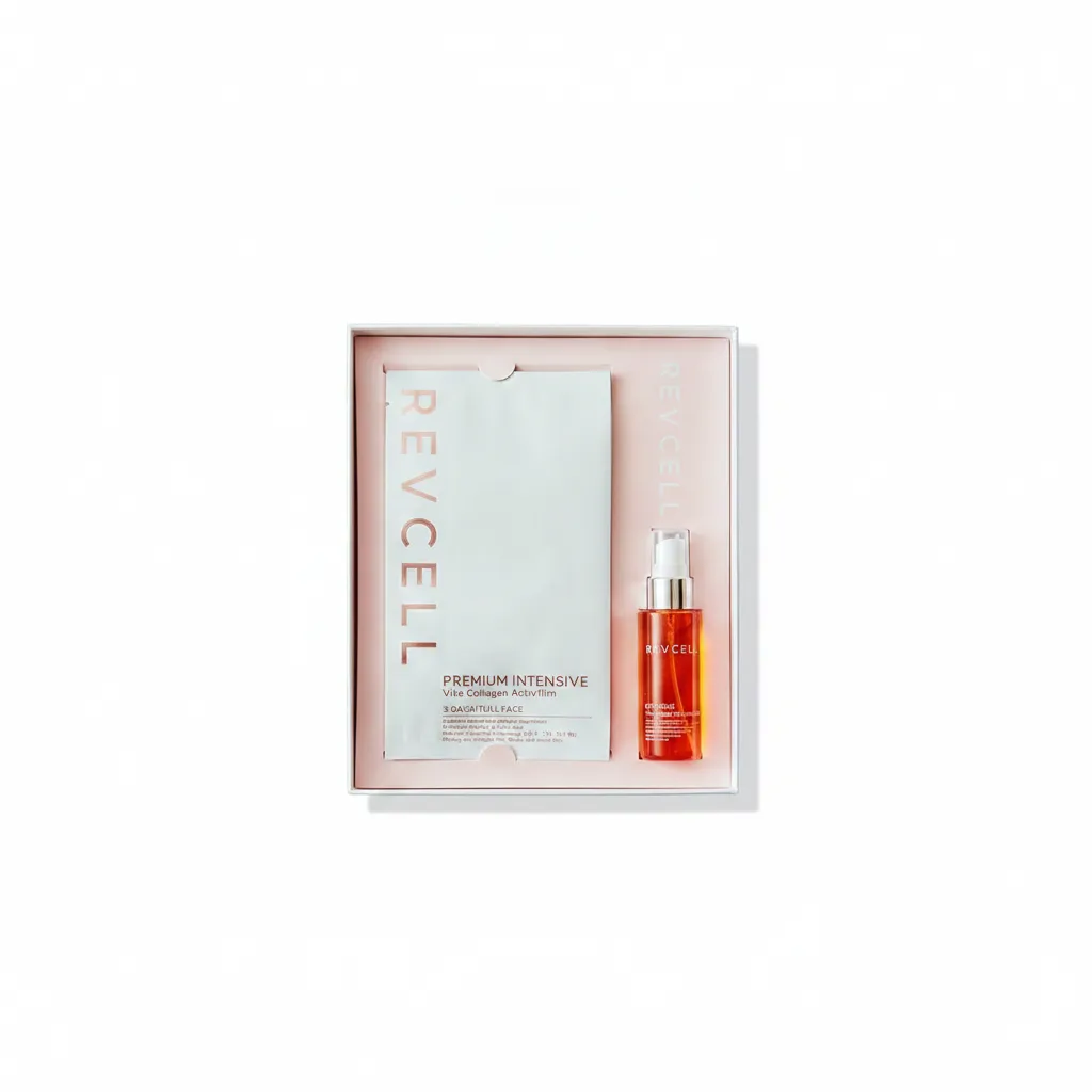 Revcell Premium Intensive Vita-Collagen Activfilm Set box, with collagen sheets and ampoule mist bottle.