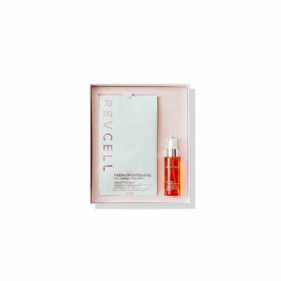Revcell Premium Intensive Vita-Collagen Activfilm Set box, with collagen sheets and ampoule mist bottle.