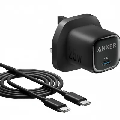 شاحن Anker مدمج 25W موديل B2656K11 باللون الأسود، مع كابل USB-C مرفق.