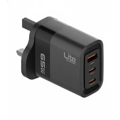 شاحن Moxedo سريع الشحن 65W جان موديل ML-C013، أسود، مع منفذي USB-C ومنفذ USB-A واحد.