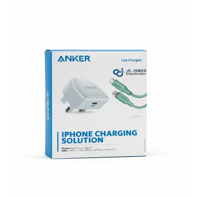 حل شحن iPhone من Anker باللون الأبيض، مع شاحن PowerPort III نانو 20W وكابل PowerLine III فلو PD.