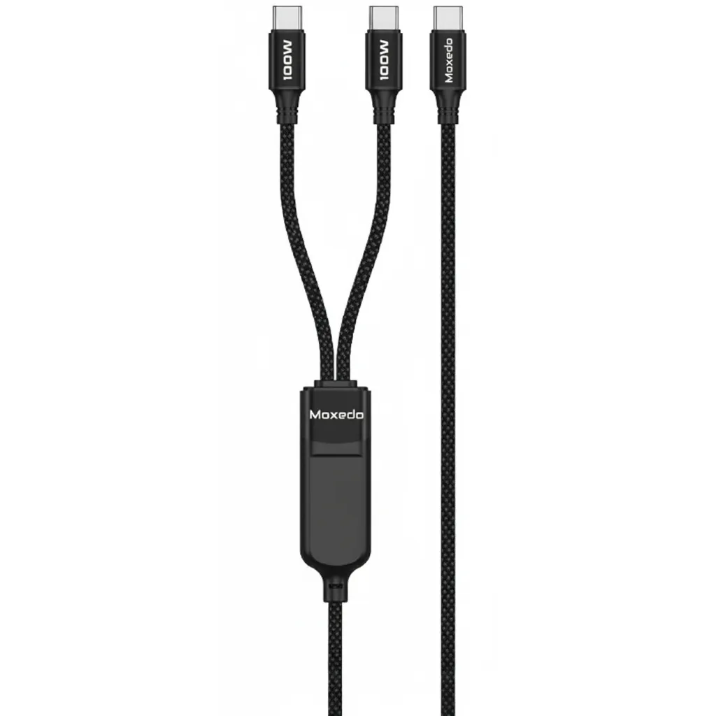 كيبل Moxedo 2 في 1 للشحن السريع، USB-C إلى USB-C مزدوج، 100W، أسود (MX-NC080).