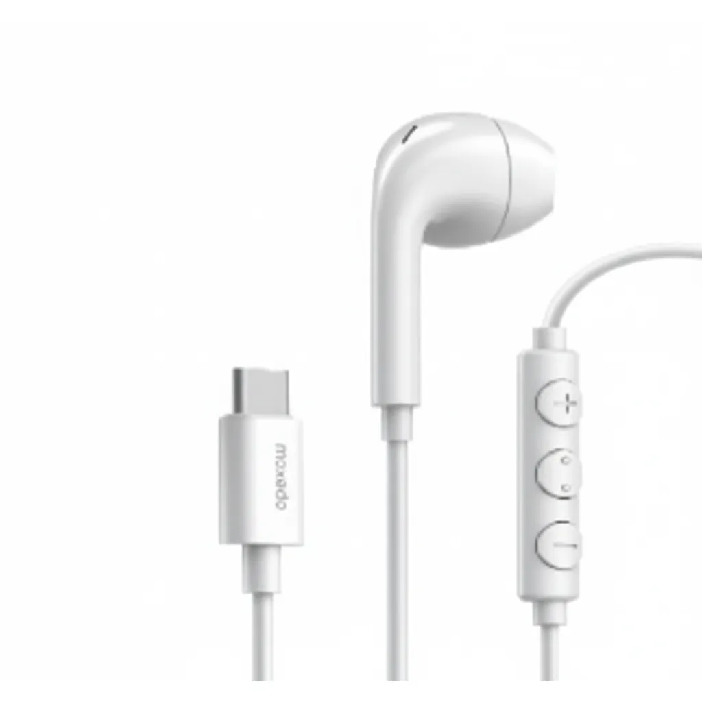 سماعة أذن Moxedo سلكية ستريو USB-C فردية باللون الأبيض، طراز MX-STE014، مثالية للمكالمات والاستماع المتحفظ.