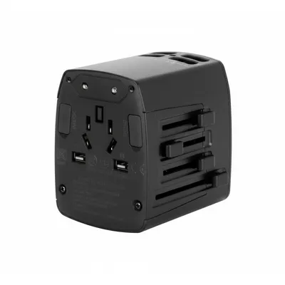 محول السفر العالمي Anker باللون الأسود (A2730H11) مع 4 منافذ USB، يظهر أنواع مقابس دولية مختلفة.