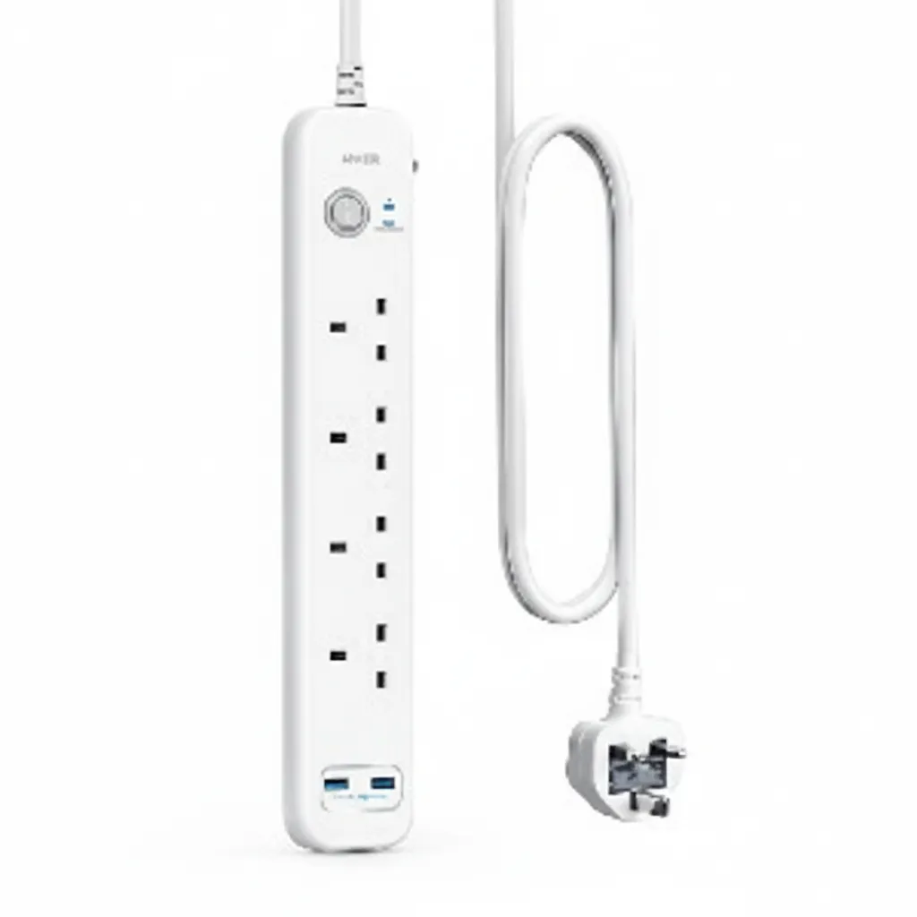 وصلة Anker باور Strip 6-in-1 (A91F3K21) باللون الأبيض، مع منافذ متعددة ومنافذ USB.