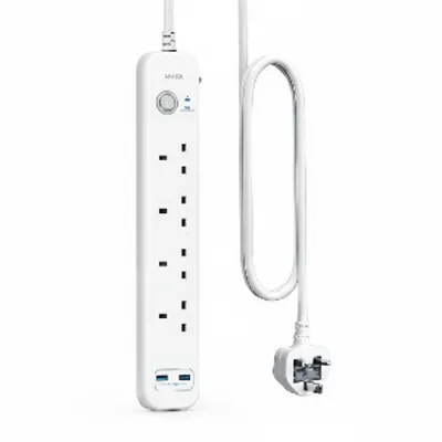 وصلة Anker باور Strip 6-in-1 (A91F3K21) باللون الأبيض، مع منافذ متعددة ومنافذ USB.