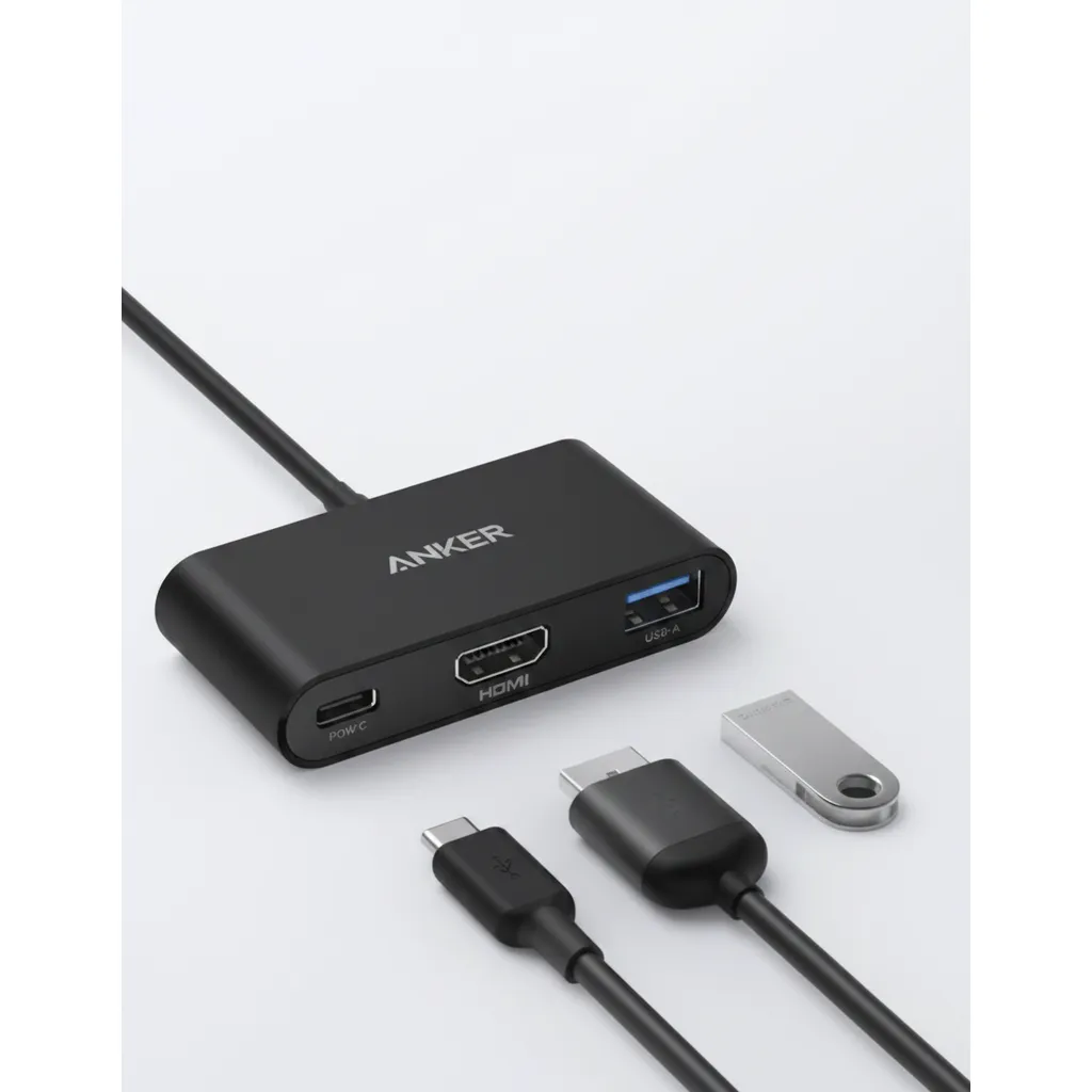 موزع Anker PowerExpand 3-in-1 USB-C PD موديل A8339HA1 باللون الرمادي، يوفر توصيل طاقة ومنافذ بيانات أساسية.