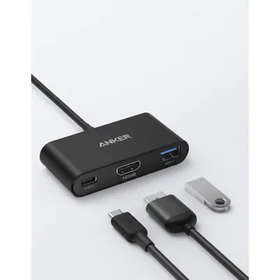موزع Anker PowerExpand 3-in-1 USB-C PD موديل A8339HA1 باللون الرمادي، يوفر توصيل طاقة ومنافذ بيانات أساسية.