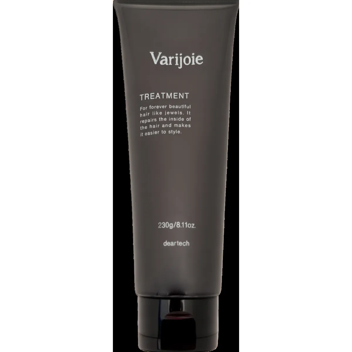 A charcoal-grey squeeze tube of Varijoie Treatment hair mask with a flip-top cap, shown upright.