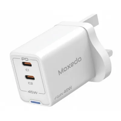 شاحن Moxedo Volton برو 45W PD جان موديل MX-C028، أبيض، للشحن السريع لأجهزة الكمبيوتر المحمولة والهواتف.