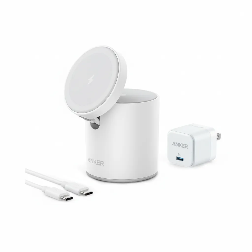 شاحن Anker 623 ماغو اللاسلكي المغناطيسي B2568221 باللون الأبيض، يشحن iPhone وسماعات AirPods على حامل قابل للتعديل.