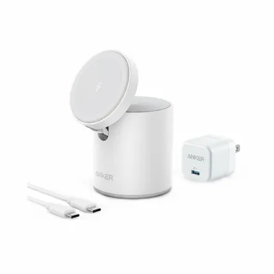 شاحن Anker 623 ماغو اللاسلكي المغناطيسي B2568221 باللون الأبيض، يشحن iPhone وسماعات AirPods على حامل قابل للتعديل.