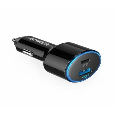 شاحن سيارة Anker بقوة 30W مع منفذين باللون الأسود، موديل A2741H11، لشحن الأجهزة المتزامن.