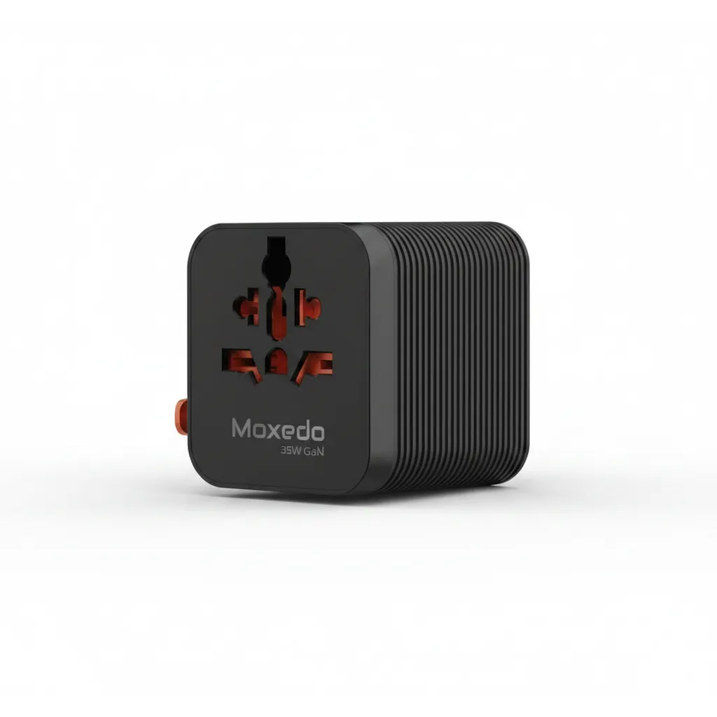 محول السفر Moxedo Universal Plug 35W جان موديل MX-TA025 باللون الأسود، للشحن العالمي القوي.