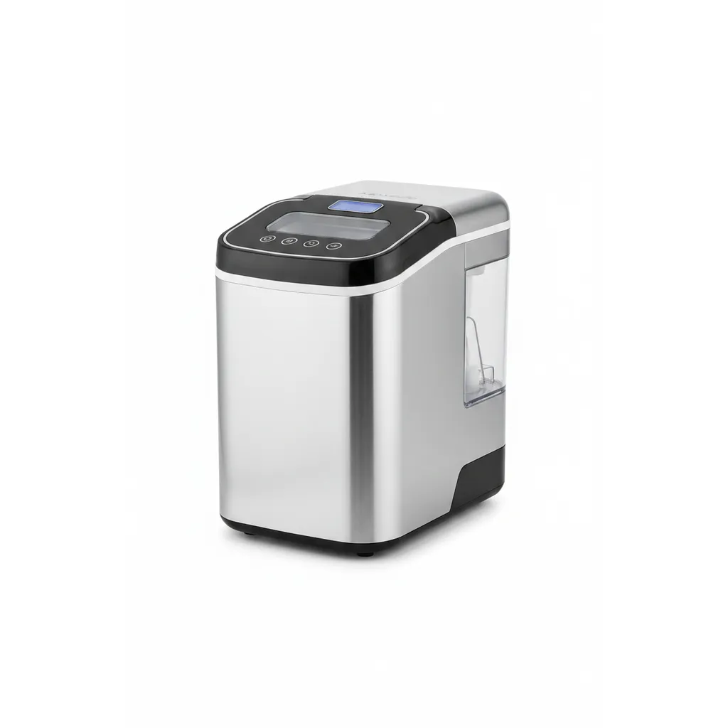 صانعة الثلج الكهربائية الأوتوماتيكية Moxedo Electric Countertop Automatic Ice Maker Machine MX-IM011 باللون الفضي، تنتج الثلج.