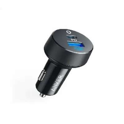 شاحن سيارة Anker PowerDrive PD+ 2 بقوة 35W باللون الأسود، موديل A2732HF1، مع منفذين.