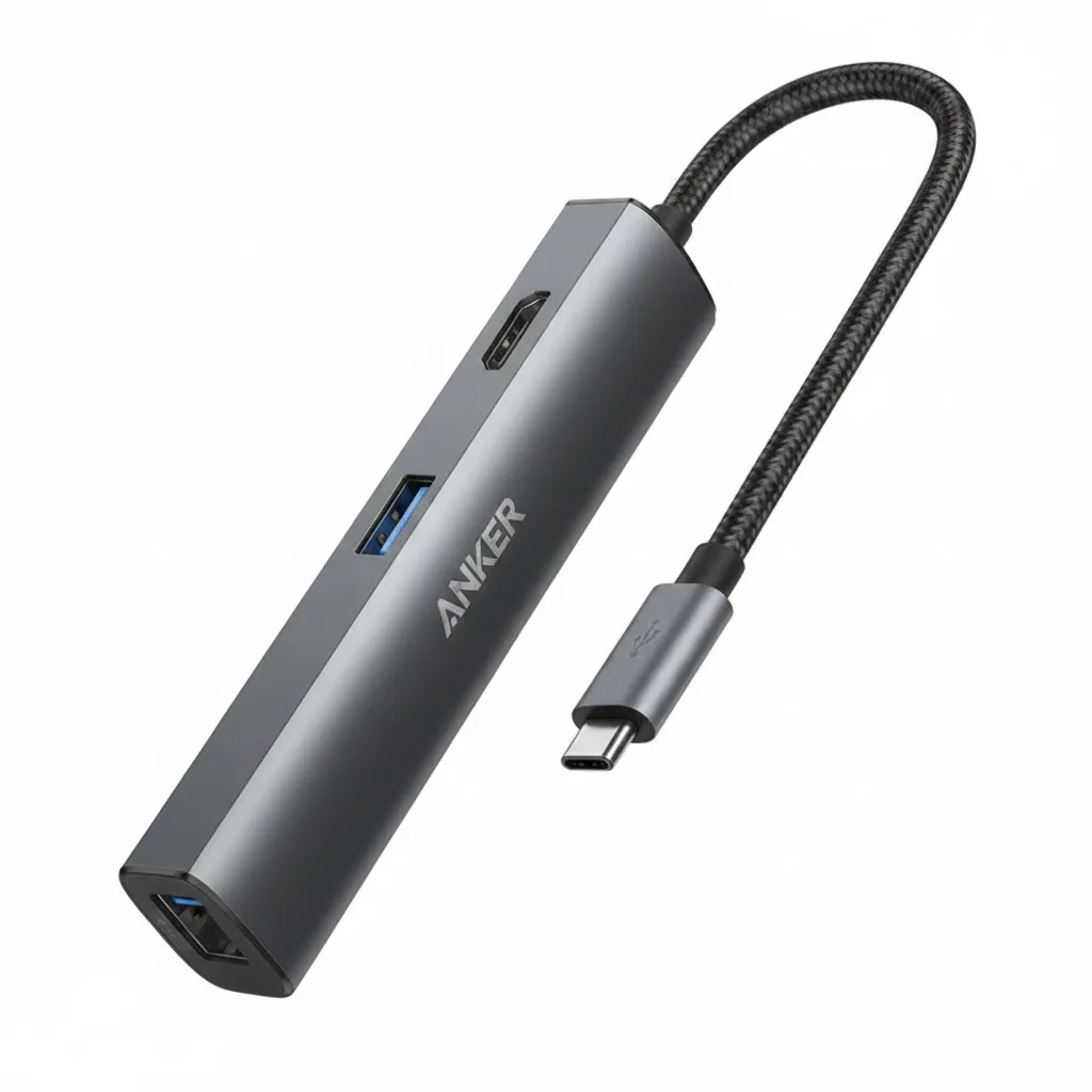 موزع Anker PowerExpand+ 5-in-1 USB-C Ethernet موديل A8338HA1 باللون الرمادي، يوفر شبكة سلكية مستقرة ومنافذ بيانات.
