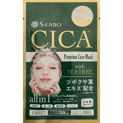 A single sachet of S-Labo CICA Premium Care Mask with Tea Tree, featuring green and white packaging.