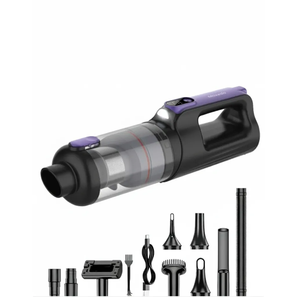مكنسة Moxedo Cordless MX-VC003 باللونين الأسود والبنفسجي، لتنظيف مرن للمنزل والسيارة.
