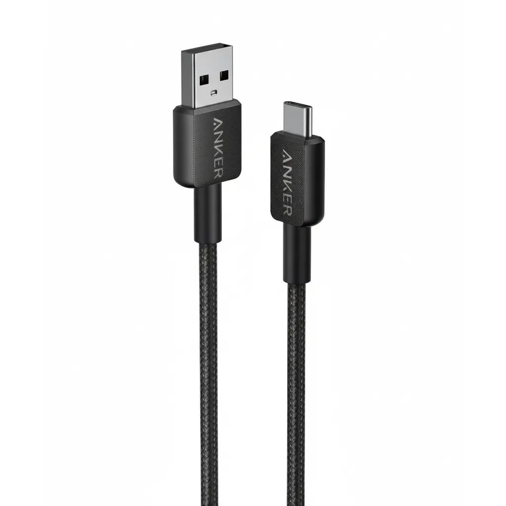 كيبل Anker 322 مجدول USB-A إلى USB-C باللون الأسود، بطول 3ft، للشحن ونقل البيانات.