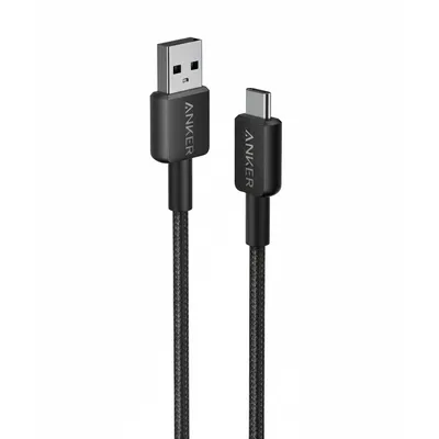 كيبل Anker 322 مجدول USB-A إلى USB-C باللون الأسود، بطول 3ft، للشحن ونقل البيانات.