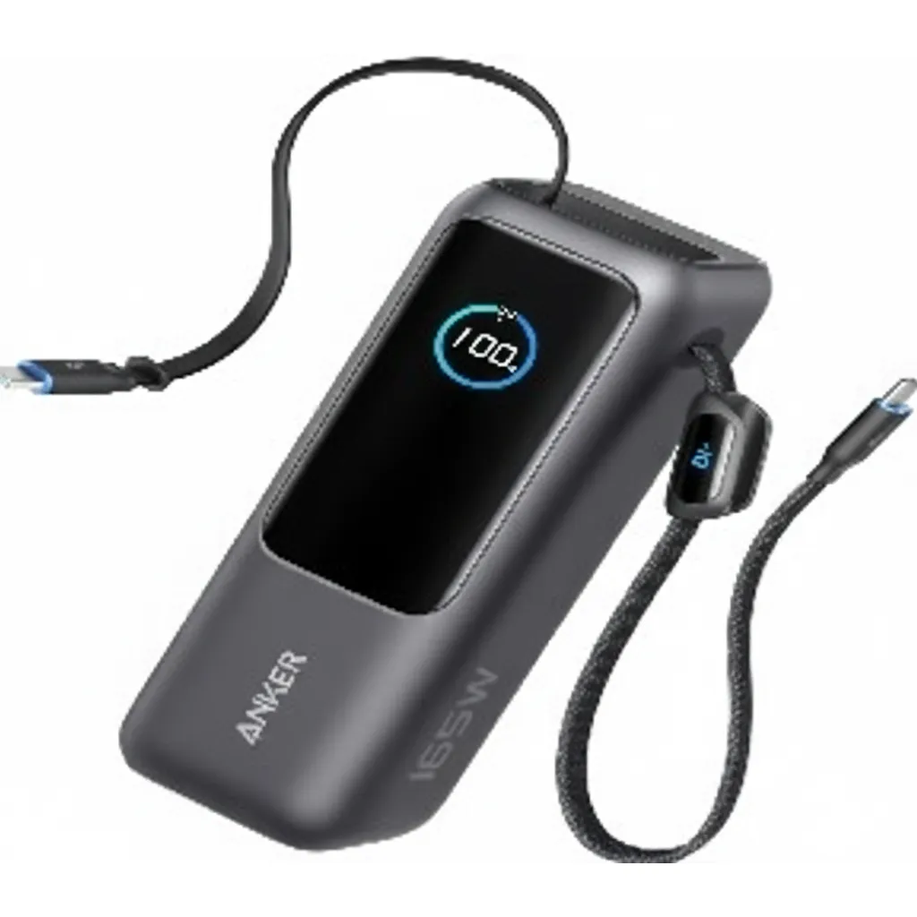 بنك الطاقة Anker Zolo (A1695H11)، سعة 25,000 mAh، إخراج 165W، مع منفذ USB-C مدمج وكابل قابل للسحب.
